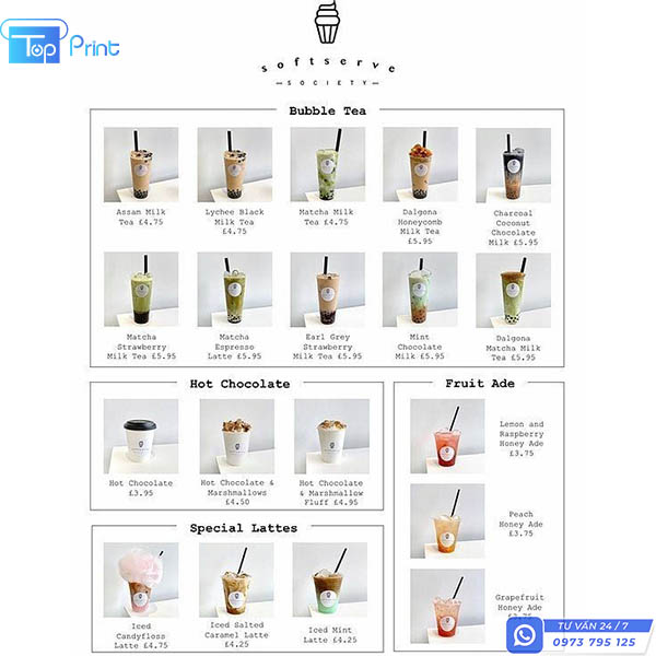 Mẫu In Menu Trà Sữa, Cafe tại Topprint