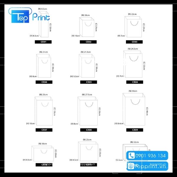 Kích thước được trải trên mặt phẳng của túi giấy
