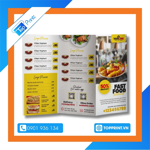 In brochure khuyến mãi dành cho nhà hàng, quán ăn