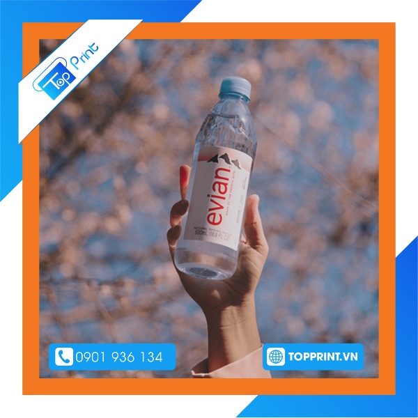 Nhãn In logo nước ion kiềm đóng chai Evian