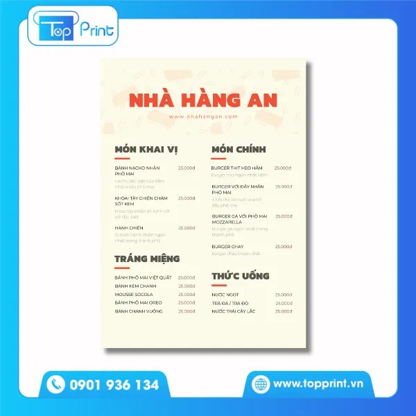 Mẫu Menu nhà hàng đơn giản 