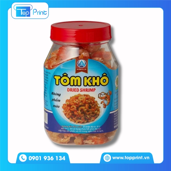Tem tôm khô dán trên hộp đựng sản phẩm