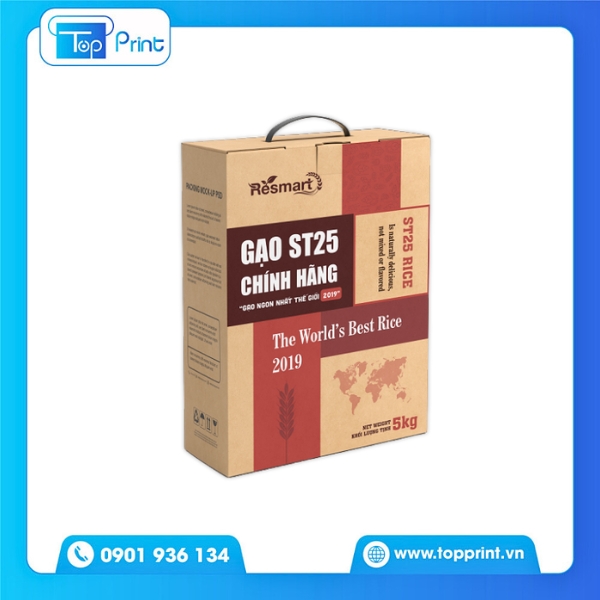 Mẫu hộp giấy đựng gạo ST25 chính hãng bao bì đẹp mắt