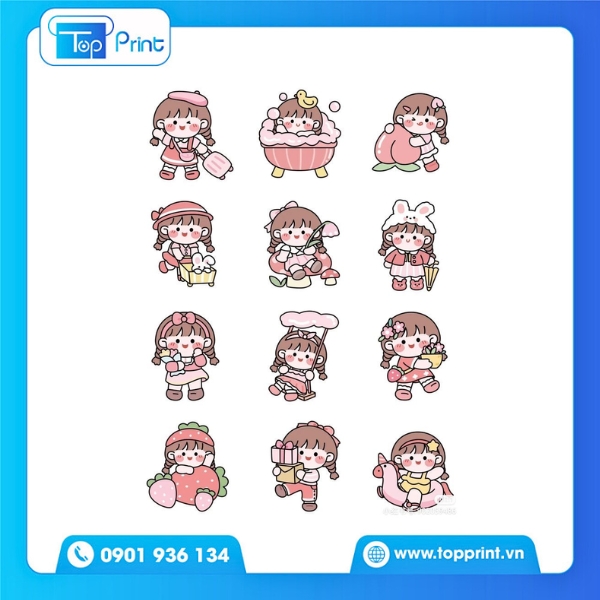 Bộ sticker cô gái cute nhiều biểu cảm – In decal bám dính tốt