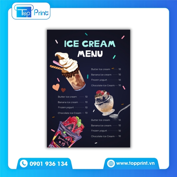 Menu quán kem bồi format cứng – In tại xưởng Topprint