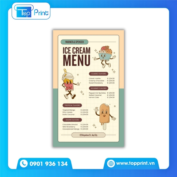 Menu quán kem kết hợp topping – layout in rõ ràng