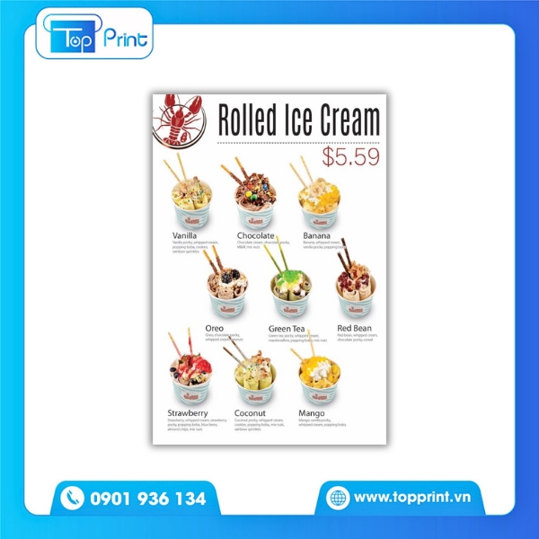 Menu quán kem in giấy couche bóng