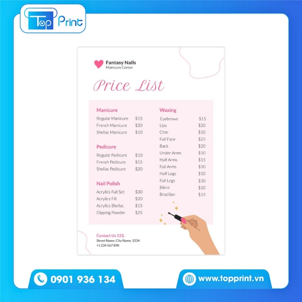 In menu tiệm nail số lượng ít – hỗ trợ in nhanh