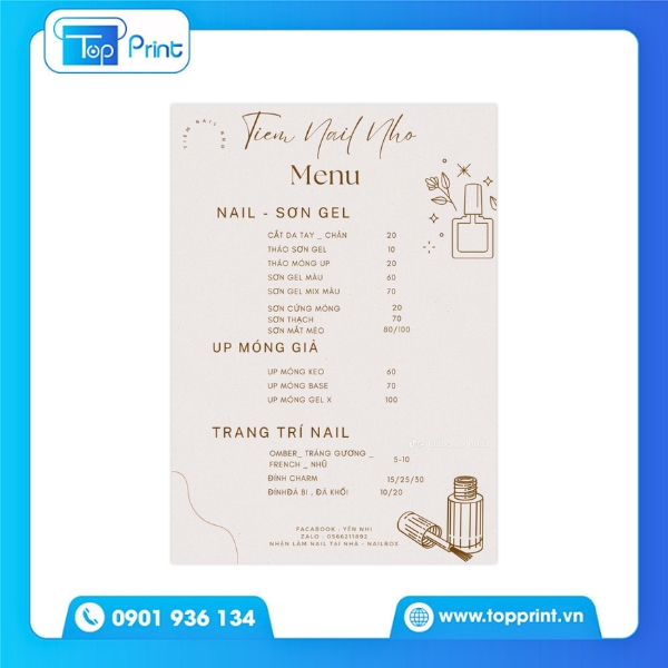 Hình ảnh thực tế menu tiệm nail in tại Topprint