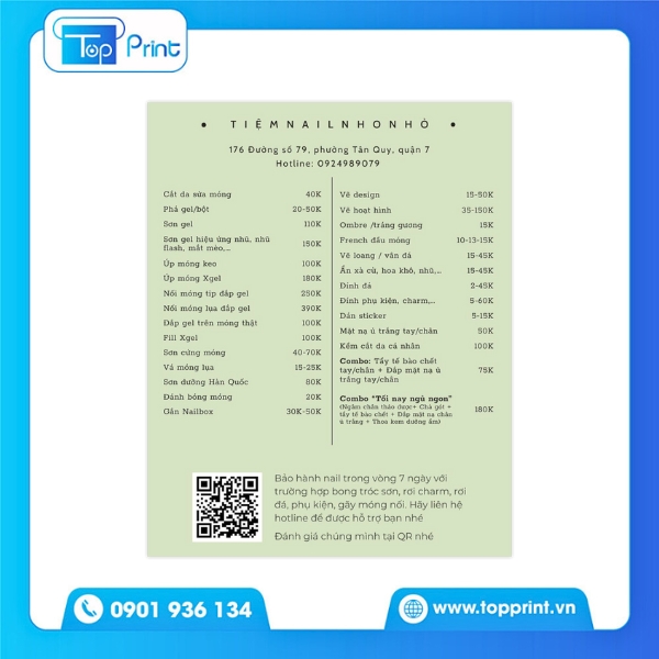 Quy cách in menu tiệm nail chuyên nghiệp tại Topprint