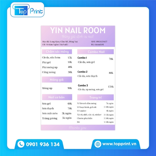 In menu tiệm nail theo kích thước tùy chọn