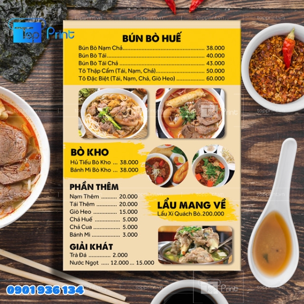 Menu bún bò nổi bật - Thiết kế tại TopPrint