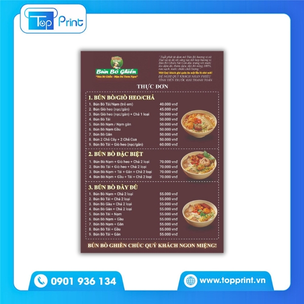 In menu bún bò dạng decal dán quầy