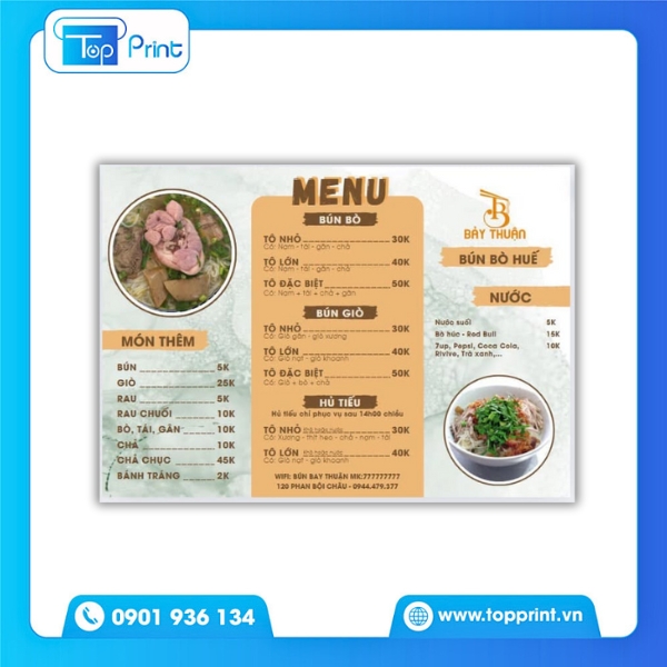 In menu bún bò có bảng giá rõ ràng - Chống thấm nước