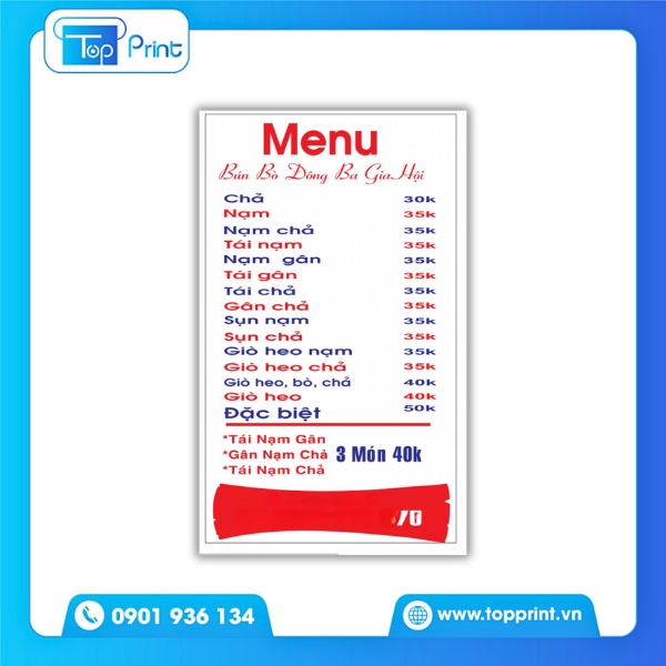 In menu bún bò dạng thẻ đứng để bàn