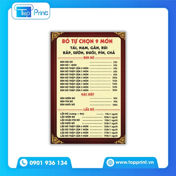 Thiết kế menu bún bò cho quán vỉa hè - In bền đẹp