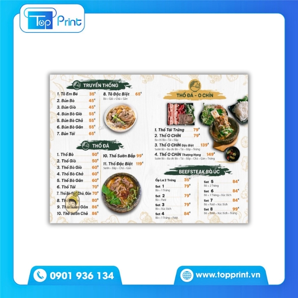 Menu bún bò dạng cuốn - In đóng gáy tại TopPrint