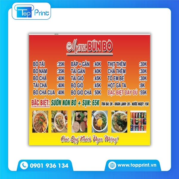 Menu bún bò truyền thống - Thiết kế tại TopPrint
