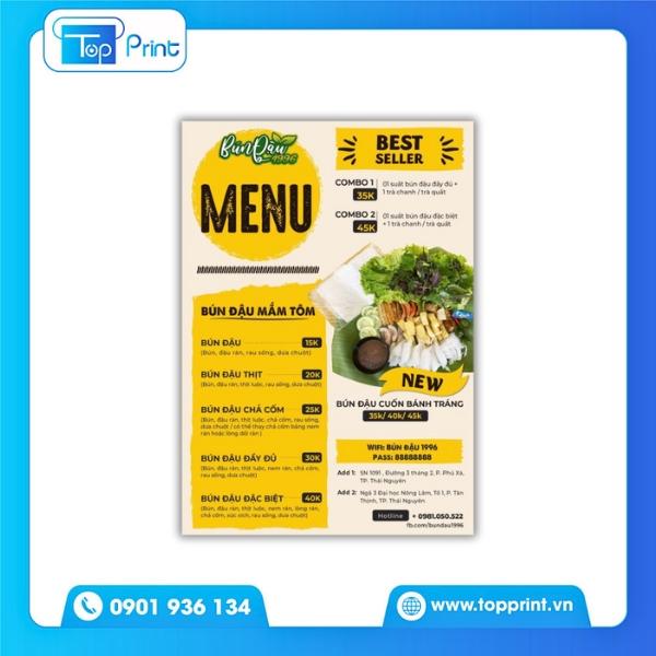 Menu giấy couches cho quán bún đậu bình dân