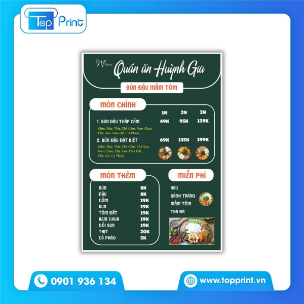 In menu đóng gáy lò xo cho quán bún đậu