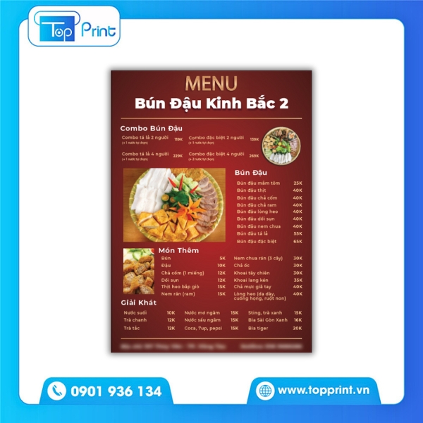 In menu bún đậu chống nước, chống dầu mỡ