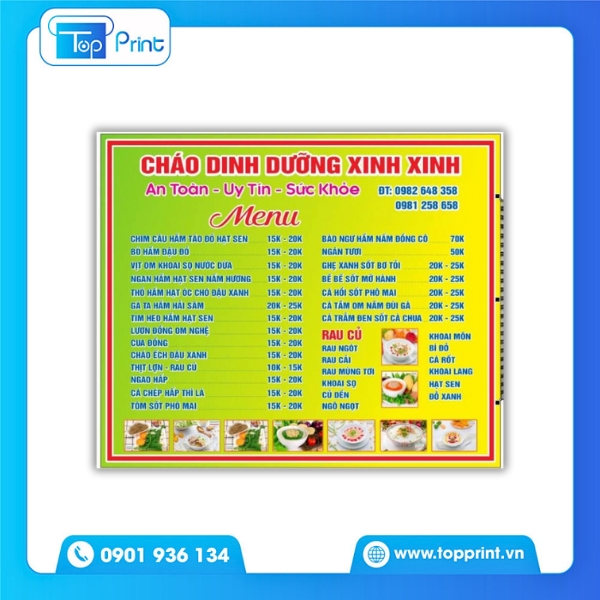 Mẫu menu cháo dinh dưỡng chuẩn in A4