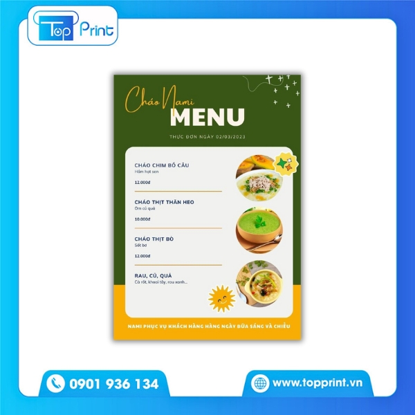 Mẫu menu cháo dinh dưỡng in khổ lớn trước quán