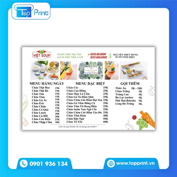 Mẫu menu cháo có chỗ dán giá thay đổi