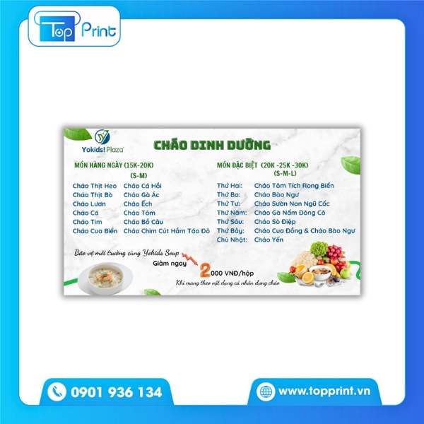 Thiết kế menu cháo in trên chất liệu nhựa cứng