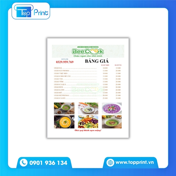 Mẫu menu cháo dinh dưỡng có giá tiền rõ ràng