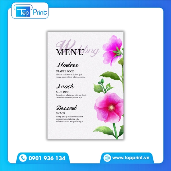 In menu đám cưới với hoa văn trang trí