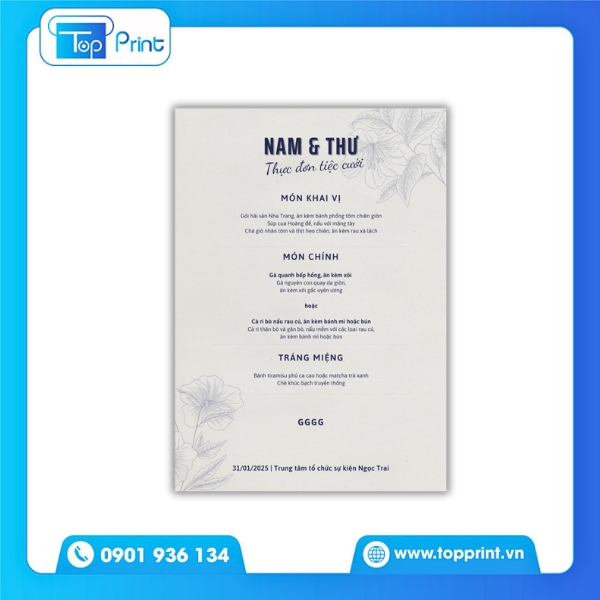 Thiết kế menu đám cưới màu trắng tinh khôi