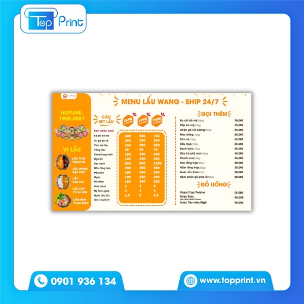 Menu lẩu A4 in màu sắc nét, chống nước