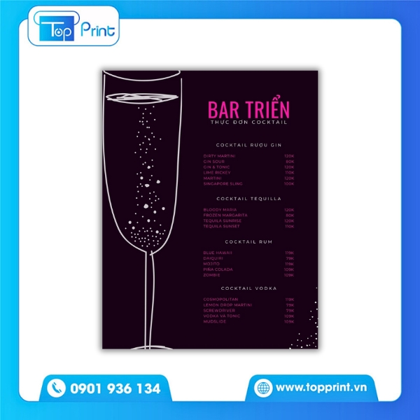 Menu Quán Bar In Màu Sắc Nét – Chất Liệu Giấy Couche