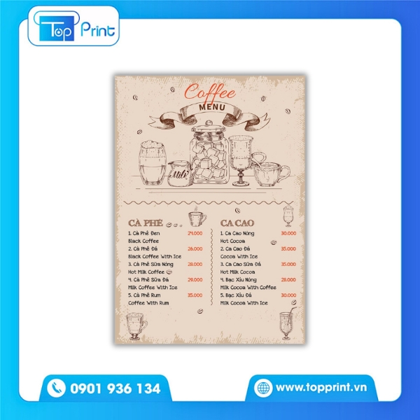 Menu Cafe Tông Đen Trắng – In Kỹ Thuật Số Cao Cấp