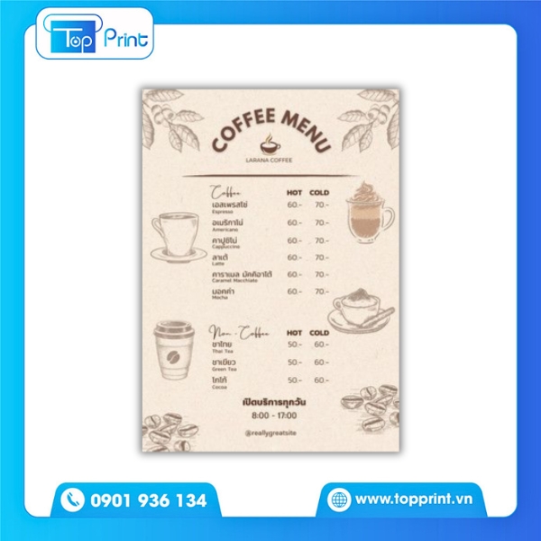 Menu Quán Cà Phê Cho Không Gian Ngoài Trời – In Chống Ẩm