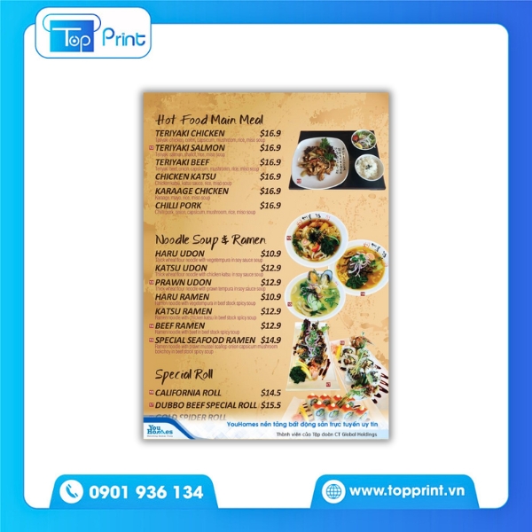 In menu lẩu nướng Nhật Bản A4 cán màng mờ