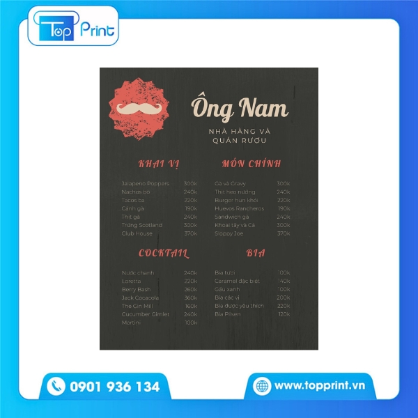 Mẫu menu quán nhậu có hình minh họa món ăn hấp dẫn