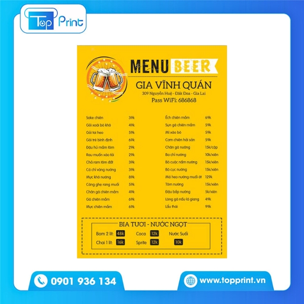 Mẫu menu quán nhậu bằng giấy Couche 300gsm sang trọng