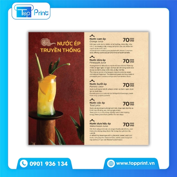 In menu nước ép bằng giấy couche 250gsm - TopPrint đảm bảo