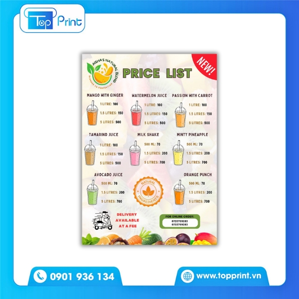 TopPrint thiết kế menu nước ép vintage A4