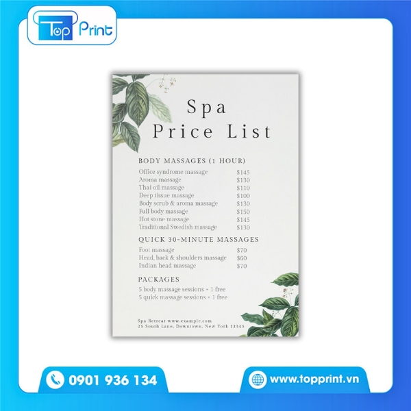 Menu Spa Thiết Kế Đơn Giản Nhưng Tinh Tế