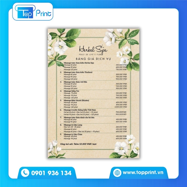 In Menu Spa Chống Thấm – Cán Màng Chuyên Dụng