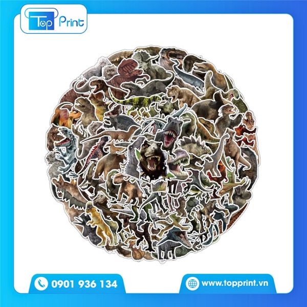 Topprint in sticker khủng long chống nước UV