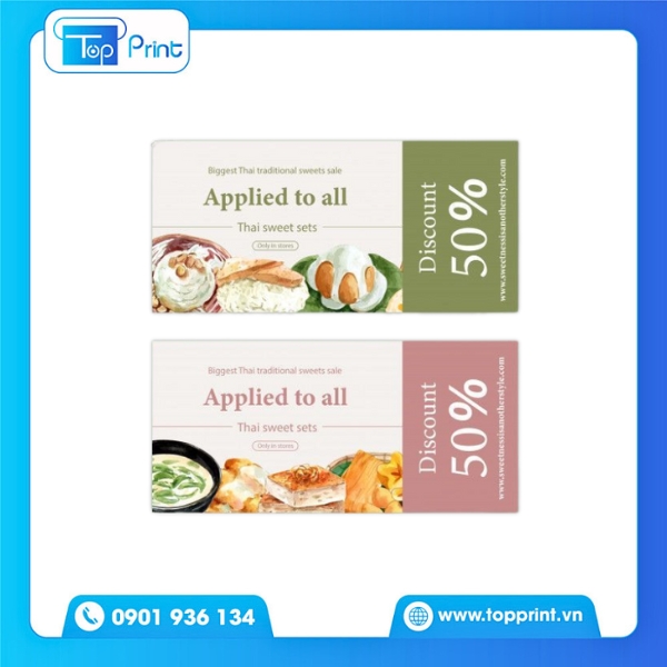 Mẫu voucher ăn uống in ấn rõ nét, màu sắc tươi sáng