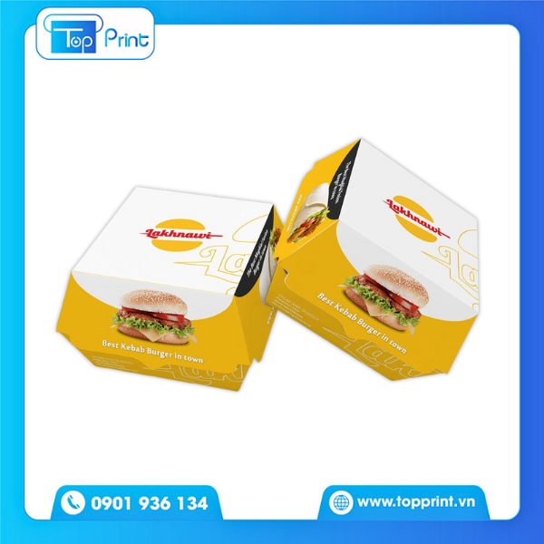 Mẫu hộp giấy hamburger có in thương hiệu full mặt hộp