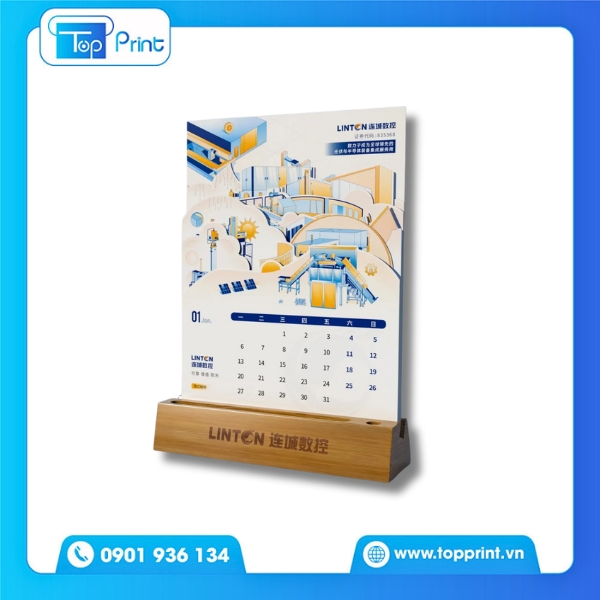 Mẫu lịch để bàn đế gỗ in logo doanh nghiệp