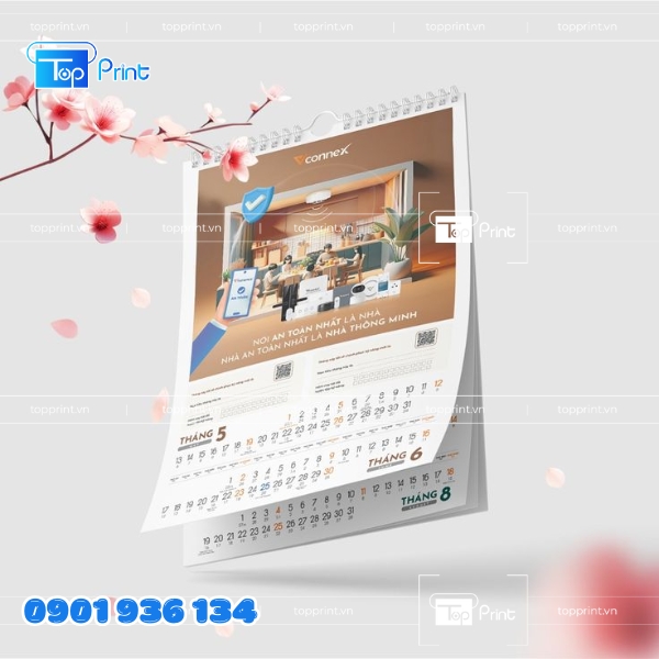 Mẫu lịch treo tường 1 tờ tone đỏ vàng rực rỡ
