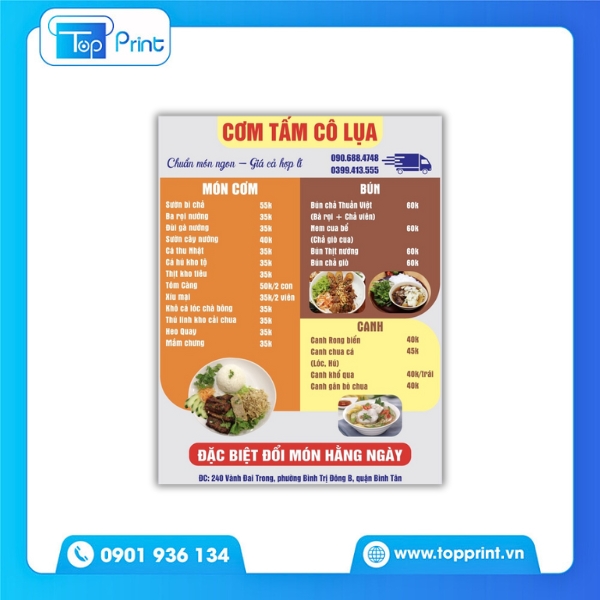 Mẫu Menu Cơm Tấm Kích Thước Theo Yêu Cầu