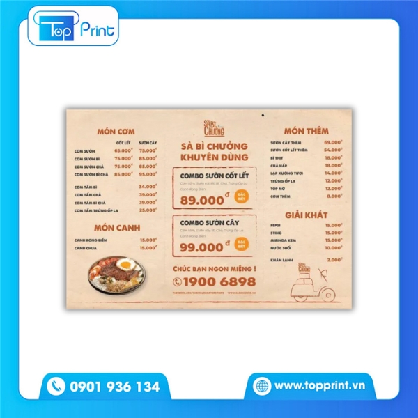 Mẫu Menu Cơm Tấm Cán Màng Mờ Chống Trầy